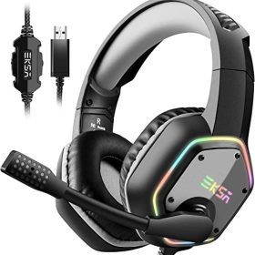 EKSA - Auriculares de diadema con sonido envolvente 7.1, auriculares USB PS4 con micrófono y luz RGB, compatible con PC, consola PS4, portátil (gris) (renovado)